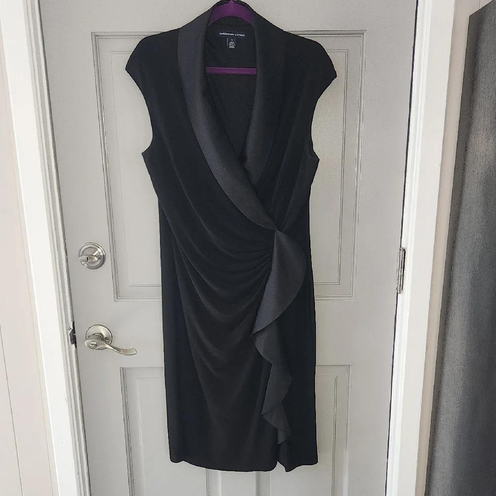 American Living Black Ruched Asymmetrical "Tuxedo" Dress Sz. 16 - Picture 4 of 10